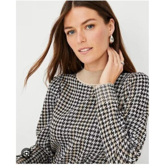 Ann taylor Houndstooth  Sweater XXL Black Gold Shimmer Jacquard Metallic NEW - Picture 2 of 13